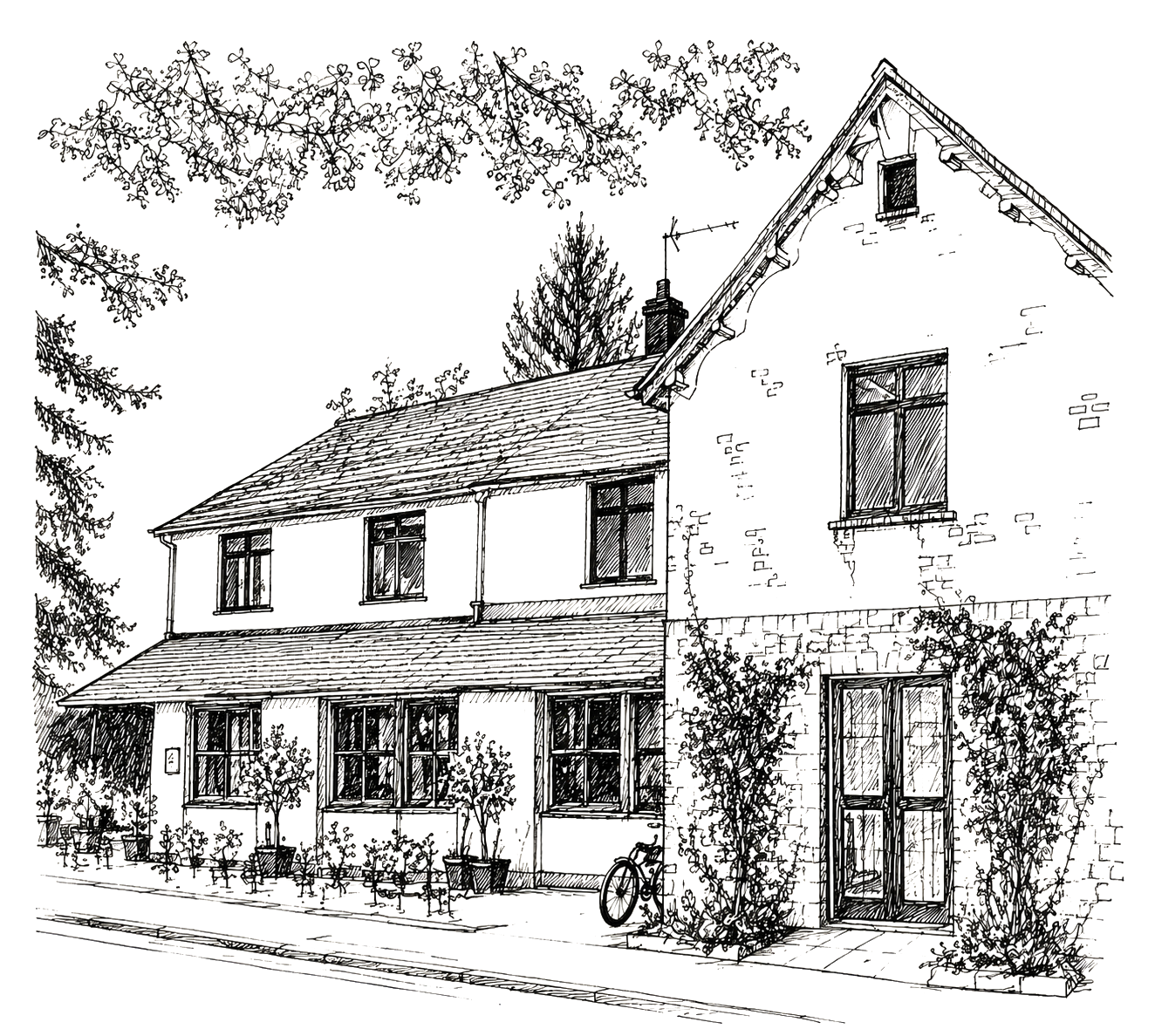 Line drawing of The Riverside Inn